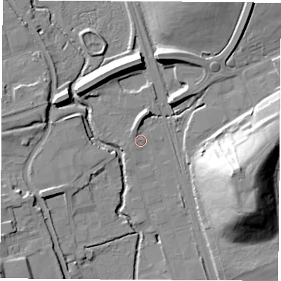 Shaded relief map of the ground around DE75TE, computed from Environment Agency LiDAR. The ground here sits at about 48 m above sea level and falls 35 m across the surrounding 800 m. Surface water reaching this point runs off ground lying to the north, 2.7 m higher.
