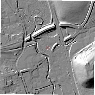 Shaded relief map of the ground around DE75TF, computed from Environment Agency LiDAR. The ground here sits at about 48 m above sea level and falls 35 m across the surrounding 800 m. Surface water reaching this point runs off ground lying to the east-north-east, 5.7 m higher.