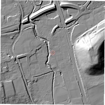 Shaded relief map of the ground around DE75TG, computed from Environment Agency LiDAR. The ground here sits at about 47 m above sea level and falls 35 m across the surrounding 800 m. Surface water reaching this point runs off ground lying to the north-north-east, 6.6 m higher.