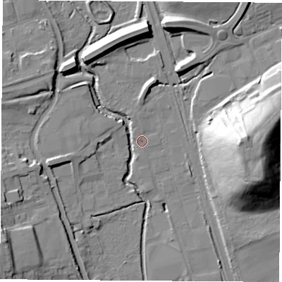 Shaded relief map of the ground around DE75TJ, computed from Environment Agency LiDAR. The ground here sits at about 48 m above sea level and falls 35 m across the surrounding 800 m. Surface water reaching this point runs off ground lying to the north-north-west, 1.1 m higher.