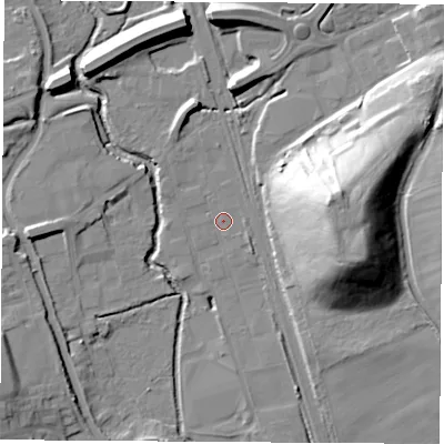 Shaded relief map of the ground around DE75TN, computed from Environment Agency LiDAR. The ground here sits at about 47 m above sea level and falls 35 m across the surrounding 800 m. Surface water reaching this point runs off ground lying to the east-north-east, 32.4 m higher.