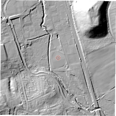 Shaded relief map of the ground around DE75TS, computed from Environment Agency LiDAR. The ground here sits at about 46 m above sea level and falls 36 m across the surrounding 800 m. Surface water reaching this point runs off ground lying to the east, 1.4 m higher.