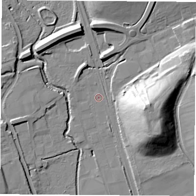 Shaded relief map of the ground around DE75TT, computed from Environment Agency LiDAR. The ground here sits at about 48 m above sea level and falls 35 m across the surrounding 800 m. Surface water reaching this point runs off ground lying to the north-north-west, 6.6 m higher.