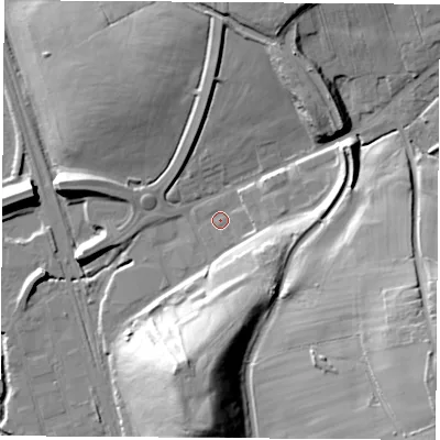 Shaded relief map of the ground around DE75UA, computed from Environment Agency LiDAR. The ground here sits at about 51 m above sea level and falls 36 m across the surrounding 800 m. Surface water reaching this point runs off ground lying to the south-east, 10.9 m higher.