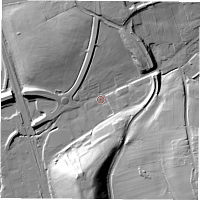 Shaded relief map of the ground around DE75UD, computed from Environment Agency LiDAR. The ground here sits at about 51 m above sea level and falls 37 m across the surrounding 800 m. Surface water reaching this point runs off ground lying to the south-east, 29.5 m higher.
