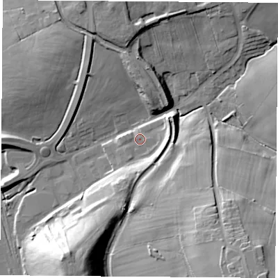 Shaded relief map of the ground around DE75UE, computed from Environment Agency LiDAR. The ground here sits at about 55 m above sea level and falls 37 m across the surrounding 800 m. Surface water reaching this point runs off ground lying to the south, 6.4 m higher.