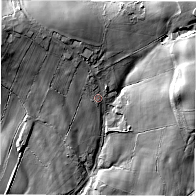 Shaded relief map of the ground around DE76BN, computed from Environment Agency LiDAR. The ground here sits at about 100 m above sea level and falls 49 m across the surrounding 800 m. Surface water reaching this point runs off ground lying to the north-north-east, 22.5 m higher.