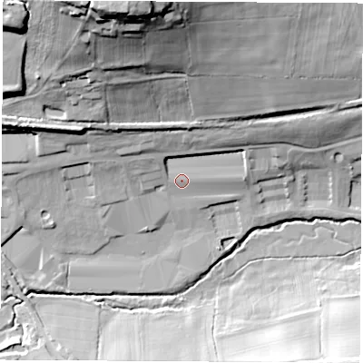 Shaded relief map of the ground around DE76HE, computed from Environment Agency LiDAR. The ground here sits at about 66 m above sea level and falls 44 m across the surrounding 800 m. Surface water reaching this point runs off ground lying to the north-north-west, 37.7 m higher.