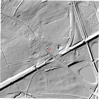Shaded relief map of the ground around DE76HZ, computed from Environment Agency LiDAR. The ground here sits at about 61 m above sea level and falls 22 m across the surrounding 800 m. Surface water reaching this point runs off ground lying to the north-west, 4.2 m higher.