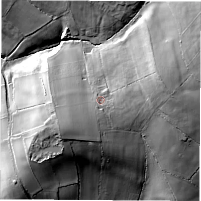 Shaded relief map of the ground around DE76NZ, computed from Environment Agency LiDAR. The ground here sits at about 108 m above sea level and falls 32 m across the surrounding 800 m. Surface water reaching this point runs off ground lying to the south-west, 11.4 m higher.