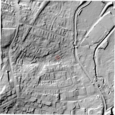 Shaded relief map of the ground around DE78JF, computed from Environment Agency LiDAR. The ground here sits at about 52 m above sea level and falls 28 m across the surrounding 800 m. Surface water reaching this point runs off ground lying to the north-west, 6.1 m higher.