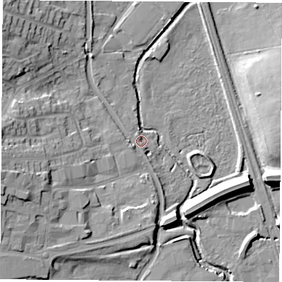 Shaded relief map of the ground around DE78JT, computed from Environment Agency LiDAR. The ground here sits at about 48 m above sea level and falls 16 m across the surrounding 800 m. Surface water reaching this point runs off ground lying to the west-south-west, 12.0 m higher.