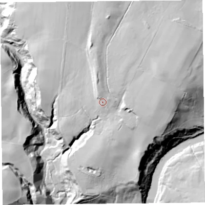 Shaded relief map of the ground around DG140RU, computed from Environment Agency LiDAR. The ground here sits at about 106 m above sea level and falls 54 m across the surrounding 800 m. Surface water reaching this point runs off ground lying to the north-north-west, 5.6 m higher.