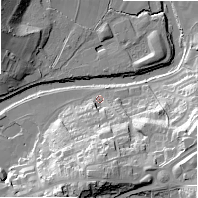 Shaded relief map of the ground around DH11BW, computed from Environment Agency LiDAR. The ground here sits at about 32 m above sea level and falls 53 m across the surrounding 800 m. Surface water reaching this point runs off ground lying to the south, 35.8 m higher.