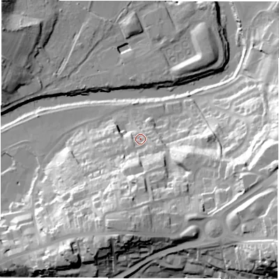 Shaded relief map of the ground around DH11JX, computed from Environment Agency LiDAR. The ground here sits at about 39 m above sea level and falls 59 m across the surrounding 800 m. Surface water reaching this point runs off ground lying to the south, 30.3 m higher.