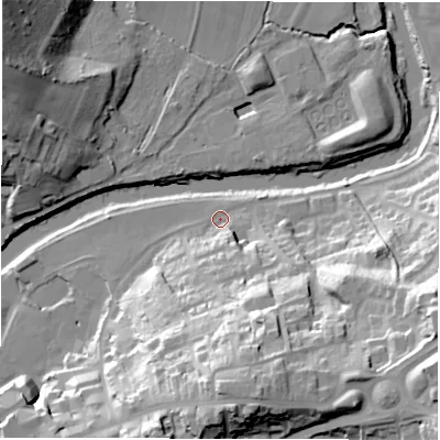 Shaded relief map of the ground around DH11JY, computed from Environment Agency LiDAR. The ground here sits at about 31 m above sea level and falls 49 m across the surrounding 800 m. Surface water reaching this point runs off ground lying to the south, 38.8 m higher.