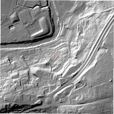 Shaded relief map of the ground around DH11LA, computed from Environment Agency LiDAR. The ground here sits at about 43 m above sea level and falls 65 m across the surrounding 800 m. Surface water reaching this point runs off ground lying to the south-east, 35.0 m higher.