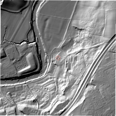 Shaded relief map of the ground around DH11LB, computed from Environment Agency LiDAR. The ground here sits at about 37 m above sea level and falls 64 m across the surrounding 800 m. Surface water reaching this point runs off ground lying to the east-south-east, 10.7 m higher.