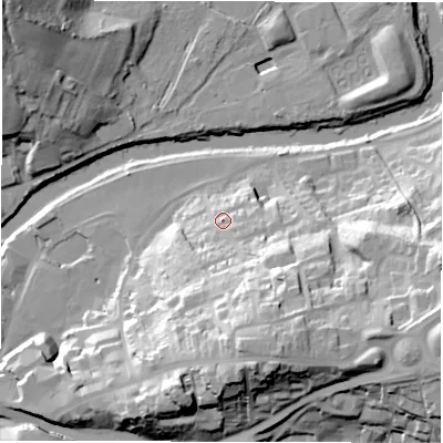 Shaded relief map of the ground around DH11LE, computed from Environment Agency LiDAR. The ground here sits at about 40 m above sea level and falls 46 m across the surrounding 800 m. Surface water reaching this point runs off ground lying to the south-south-east, 33.6 m higher.
