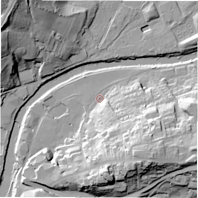 Shaded relief map of the ground around DH11LH, computed from Environment Agency LiDAR. The ground here sits at about 32 m above sea level and falls 46 m across the surrounding 800 m. Surface water reaching this point runs off ground lying to the south-east, 38.1 m higher.