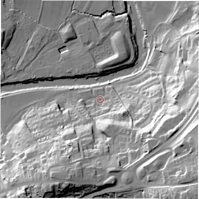 Shaded relief map of the ground around DH11NU, computed from Environment Agency LiDAR. The ground here sits at about 33 m above sea level and falls 64 m across the surrounding 800 m. Surface water reaching this point runs off ground lying to the east-south-east, 50.1 m higher.