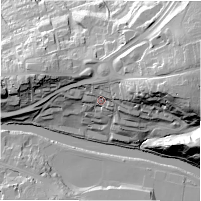 Shaded relief map of the ground around DH11QL, computed from Environment Agency LiDAR. The ground here sits at about 56 m above sea level and falls 59 m across the surrounding 800 m. Surface water reaching this point runs off ground lying to the north-north-east, 16.8 m higher.