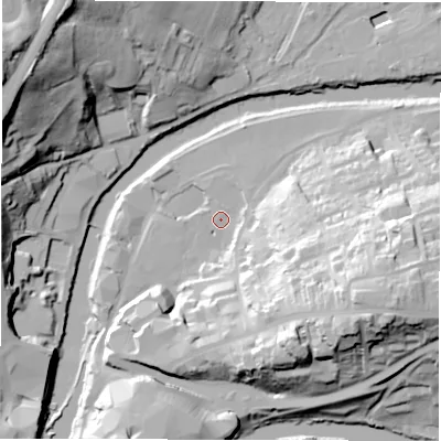Shaded relief map of the ground around DH11SG, computed from Environment Agency LiDAR. The ground here sits at about 32 m above sea level and falls 50 m across the surrounding 800 m. Surface water reaching this point runs off ground lying to the east-south-east, 40.3 m higher.