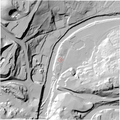 Shaded relief map of the ground around DH11SL, computed from Environment Agency LiDAR. The ground here sits at about 33 m above sea level and falls 68 m across the surrounding 800 m. Surface water reaching this point runs off ground lying to the south-south-west, 1.3 m higher.