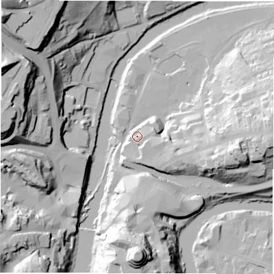 Shaded relief map of the ground around DH11SQ, computed from Environment Agency LiDAR. The ground here sits at about 41 m above sea level and falls 58 m across the surrounding 800 m. Surface water reaching this point runs off ground lying to the east, 33.2 m higher.