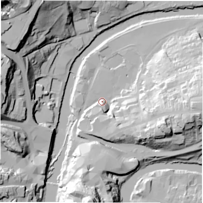 Shaded relief map of the ground around DH11SW, computed from Environment Agency LiDAR. The ground here sits at about 35 m above sea level and falls 64 m across the surrounding 800 m. Surface water reaching this point runs off ground lying to the east-south-east, 32.9 m higher.
