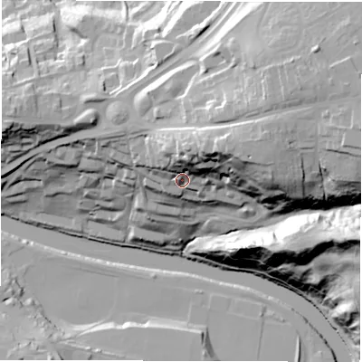 Shaded relief map of the ground around DH11SZ, computed from Environment Agency LiDAR. The ground here sits at about 62 m above sea level and falls 60 m across the surrounding 800 m. Surface water reaching this point runs off ground lying to the north-east, 27.6 m higher.