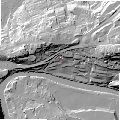 Shaded relief map of the ground around DH11TB, computed from Environment Agency LiDAR. The ground here sits at about 47 m above sea level and falls 57 m across the surrounding 800 m. Surface water reaching this point runs off ground lying to the east, 43.0 m higher.