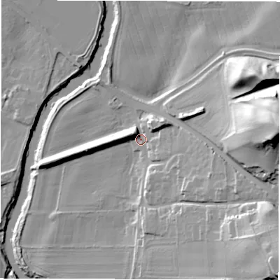 Shaded relief map of the ground around DH12LY, computed from Environment Agency LiDAR. The ground here sits at about 39 m above sea level and falls 46 m across the surrounding 800 m. Surface water reaching this point runs off ground lying to the east-south-east, 13.6 m higher.