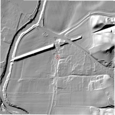 Shaded relief map of the ground around DH12NA, computed from Environment Agency LiDAR. The ground here sits at about 39 m above sea level and falls 47 m across the surrounding 800 m. Surface water reaching this point runs off ground lying to the east-south-east, 12.6 m higher.