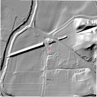 Shaded relief map of the ground around DH12NB, computed from Environment Agency LiDAR. The ground here sits at about 41 m above sea level and falls 50 m across the surrounding 800 m. Surface water reaching this point runs off ground lying to the east-south-east, 12.8 m higher.