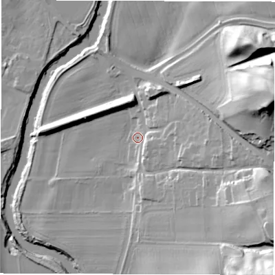 Shaded relief map of the ground around DH12NE, computed from Environment Agency LiDAR. The ground here sits at about 39 m above sea level and falls 51 m across the surrounding 800 m. Surface water reaching this point runs off ground lying to the east-south-east, 11.0 m higher.