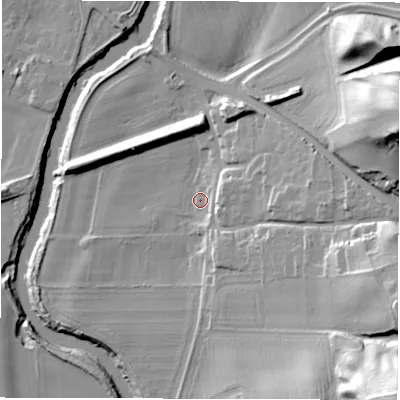 Shaded relief map of the ground around DH12NF, computed from Environment Agency LiDAR. The ground here sits at about 38 m above sea level and falls 57 m across the surrounding 800 m. Surface water reaching this point runs off ground lying to the east-south-east, 31.3 m higher.