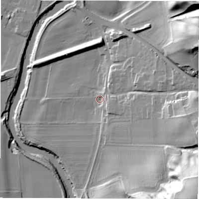 Shaded relief map of the ground around DH12NG, computed from Environment Agency LiDAR. The ground here sits at about 38 m above sea level and falls 63 m across the surrounding 800 m. Surface water reaching this point runs off ground lying to the east-south-east, 6.9 m higher.
