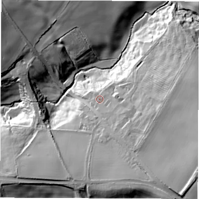 Shaded relief map of the ground around DH12SE, computed from Environment Agency LiDAR. The ground here sits at about 60 m above sea level and falls 37 m across the surrounding 800 m. Surface water reaching this point runs off ground lying to the east-south-east, 11.6 m higher.