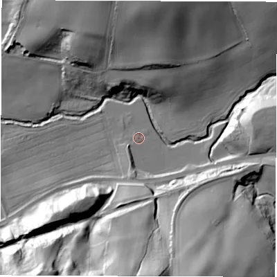 Shaded relief map of the ground around DH12ST, computed from Environment Agency LiDAR. The ground here sits at about 41 m above sea level and falls 49 m across the surrounding 800 m. Surface water reaching this point runs off ground lying to the south-west, 1.0 m higher.