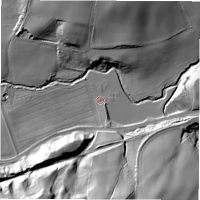Shaded relief map of the ground around DH12SU, computed from Environment Agency LiDAR. The ground here sits at about 40 m above sea level and falls 51 m across the surrounding 800 m. Surface water reaching this point runs off ground lying to the south-east, 3.3 m higher.