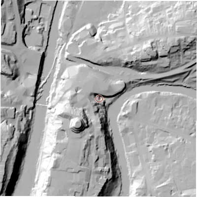 Shaded relief map of the ground around DH13AA, computed from Environment Agency LiDAR. The ground here sits at about 39 m above sea level and falls 51 m across the surrounding 800 m. Surface water reaching this point runs off ground lying to the south-west, 42.2 m higher.