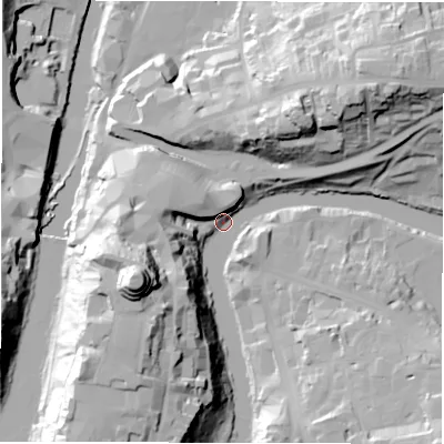 Shaded relief map of the ground around DH13AF, computed from Environment Agency LiDAR. The ground here sits at about 33 m above sea level and falls 51 m across the surrounding 800 m. Surface water reaching this point runs off ground lying to the west-south-west, 46.2 m higher.