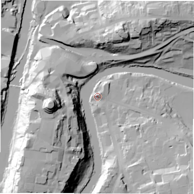 Shaded relief map of the ground around DH13AG, computed from Environment Agency LiDAR. The ground here sits at about 36 m above sea level and falls 51 m across the surrounding 800 m. Surface water reaching this point runs off ground lying to the south-east, 11.5 m higher.