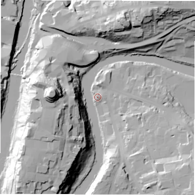 Shaded relief map of the ground around DH13AH, computed from Environment Agency LiDAR. The ground here sits at about 36 m above sea level and falls 51 m across the surrounding 800 m. Surface water reaching this point runs off ground lying to the west, 46.4 m higher.