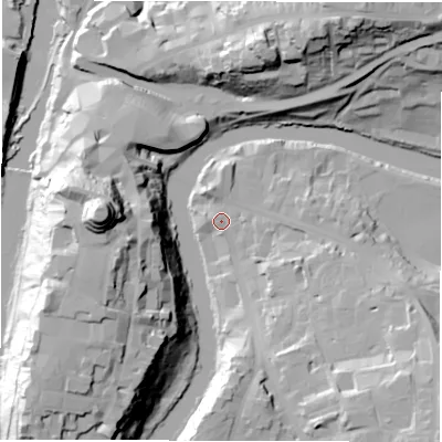 Shaded relief map of the ground around DH13AQ, computed from Environment Agency LiDAR. The ground here sits at about 36 m above sea level and falls 51 m across the surrounding 800 m. Surface water reaching this point runs off ground lying to the west, 0.9 m higher.