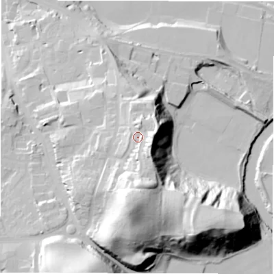 Shaded relief map of the ground around DH13BL, computed from Environment Agency LiDAR. The ground here sits at about 63 m above sea level and falls 51 m across the surrounding 800 m. Surface water reaching this point runs off ground lying to the south, 14.8 m higher.