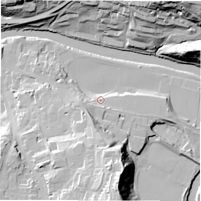 Shaded relief map of the ground around DH13BN, computed from Environment Agency LiDAR. The ground here sits at about 39 m above sea level and falls 57 m across the surrounding 800 m. Surface water reaching this point runs off ground lying to the west-south-west, 9.5 m higher.