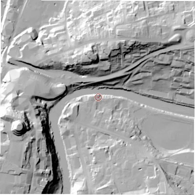 Shaded relief map of the ground around DH13BW, computed from Environment Agency LiDAR. The ground here sits at about 35 m above sea level and falls 51 m across the surrounding 800 m. Surface water reaching this point runs off ground lying to the south-east, 8.2 m higher.