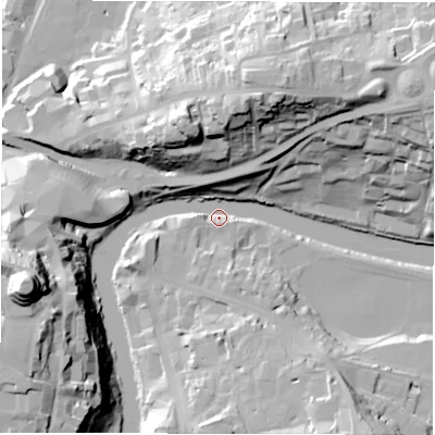 Shaded relief map of the ground around DH13DA, computed from Environment Agency LiDAR. The ground here sits at about 33 m above sea level and falls 49 m across the surrounding 800 m. Surface water reaching this point runs off ground lying to the west-south-west, 46.3 m higher.